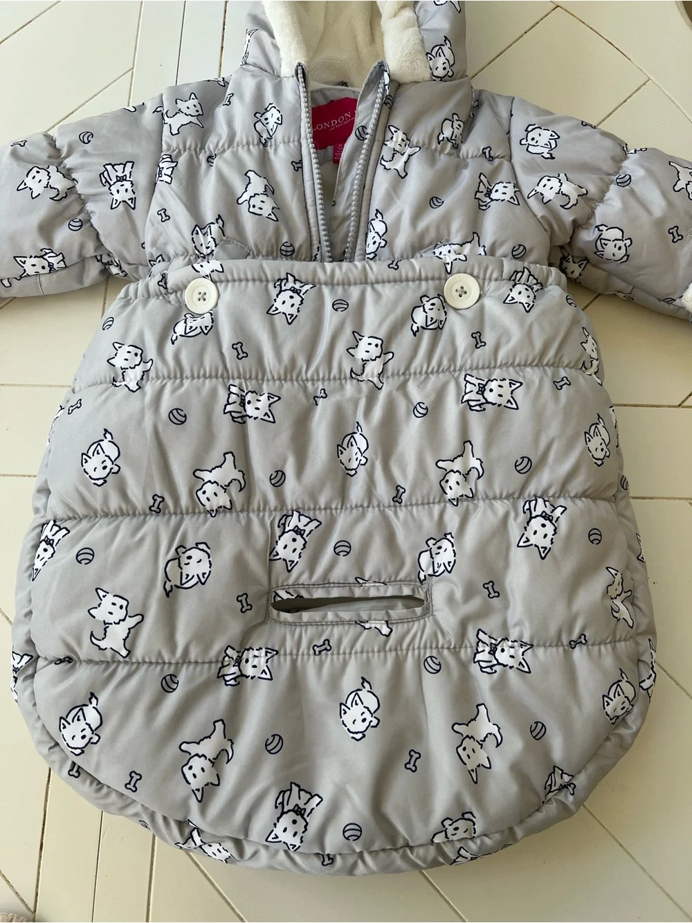 London Fog Grey Westie Puppy Print Puffer coat and Sack with Hood